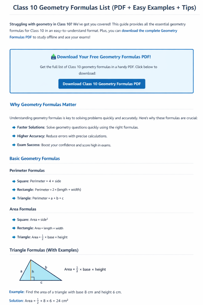 Class 10 Geometry Formulas List 